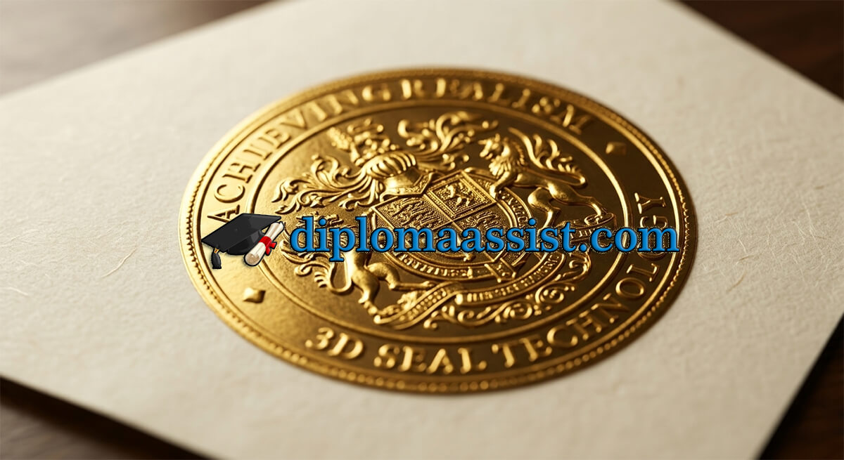 Close-up macro photograph of a 3D gold foil embossed seal on textured cream parchment paper, showing intricate heraldic details and tactile metallic reflections under directional light.