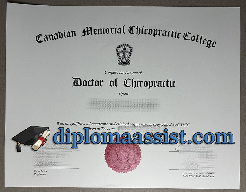 Canadian Memorial Chiropractic College (CMCC) diploma with embossed crest.