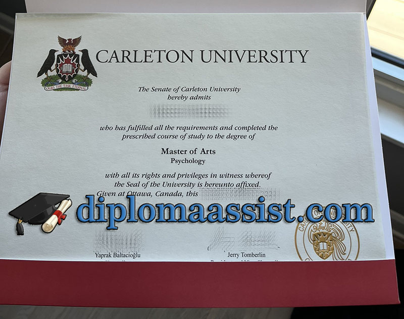 Carleton University diploma and academic transcript with security features.