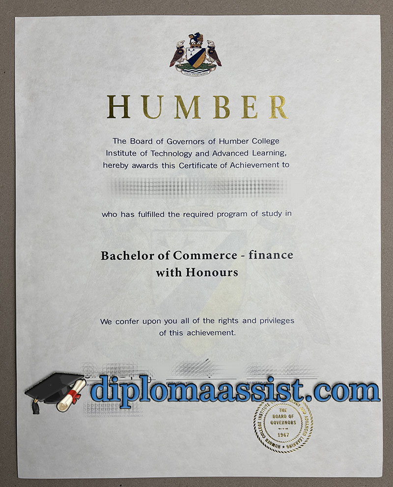 Humber College diploma with 3D embossed gold seal and ivory parchment.