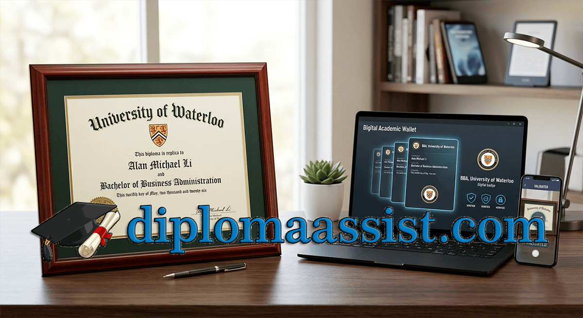 A framed realistic diploma on a professional office desk next to a laptop displaying digital credentials, comparing physical and digital prestige.