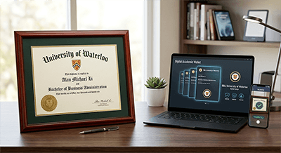 A framed realistic diploma on a professional office desk next to a laptop displaying digital credentials, comparing physical and digital prestige.