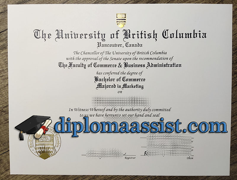 University of British Columbia fake diploma with raised gold foil.