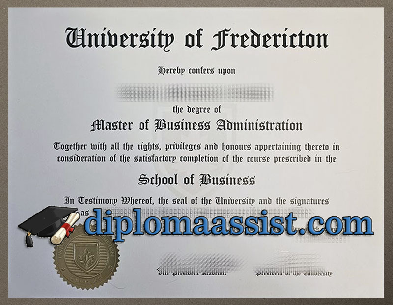 High-quality University of Fredericton fake diploma with raised gold seals.