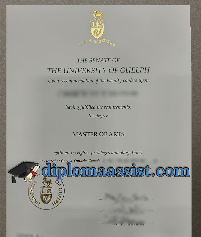 University of Guelph diploma with 3D embossed gold seal and ivory parchment.