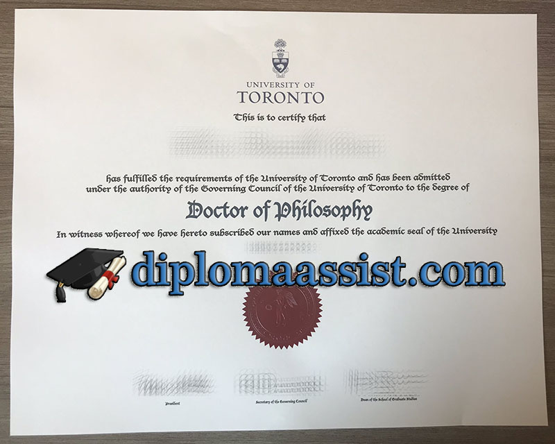 High-quality University of Toronto realistic diploma with gold seal.