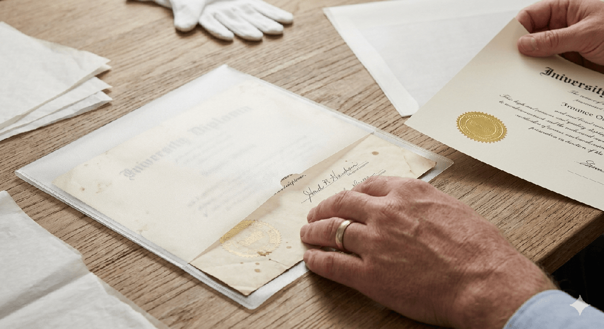 A high-quality realistic diploma replica in a professional wooden frame.