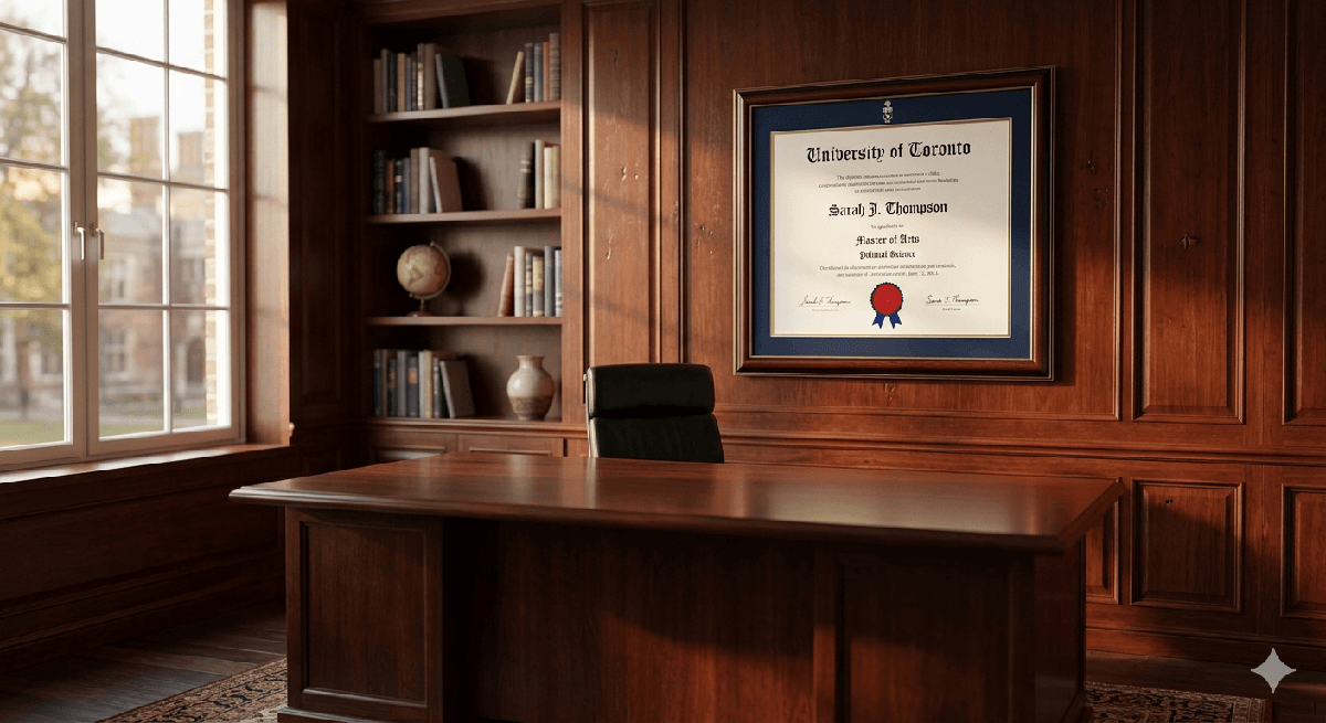 A sophisticated executive office with a framed realistic diploma displayed prominently behind a mahogany desk.
