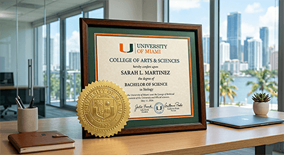 A close-up of a University of Miami diploma replica with a textured 3D gold seal, displayed in a bright, modern Miami office environment.