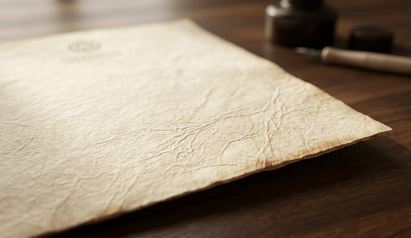 A macro close-up shot showing the rich fiber texture of premium eco-friendly acid-free parchment printing paper for archival certificates.