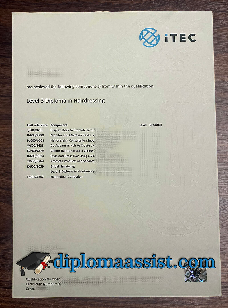 ITEC Level 3 transcript in Hairdressing